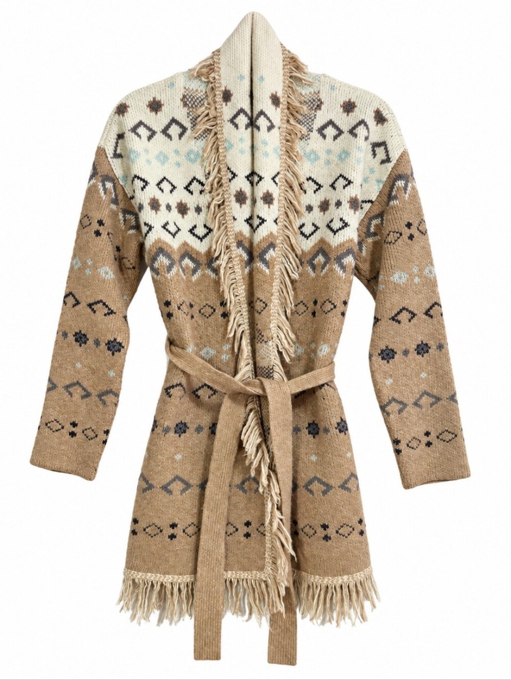 Lucky Brand M Fair Isle Fringe Belted Long Cardigan Sweater